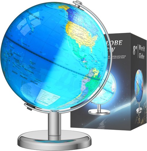Regine Switzerland Illuminated World Globe - 8" Interactive Globe Lamp for Kids with Stable Metal Base