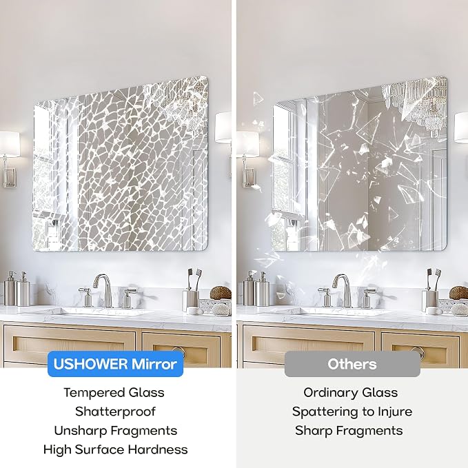 USHOWER 40x30 Inch Large Frameless Bathroom Mirror, Rectangle Wall Vanity Mirror for Bathroom, Bedroom, Entryway, Dining Room, Polished Edge, Tempered Glass
