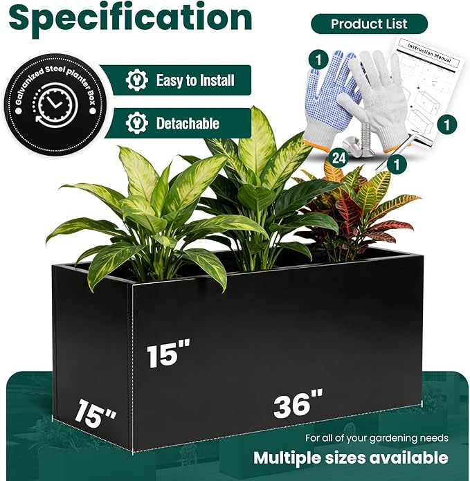 Metal Rectangular Planter Black Galvanized Steel Rectangle Planter Box 36" L x 15" W x 15" H Large Planter for Outdoor Indoor Plants Porch Patio Backyard
