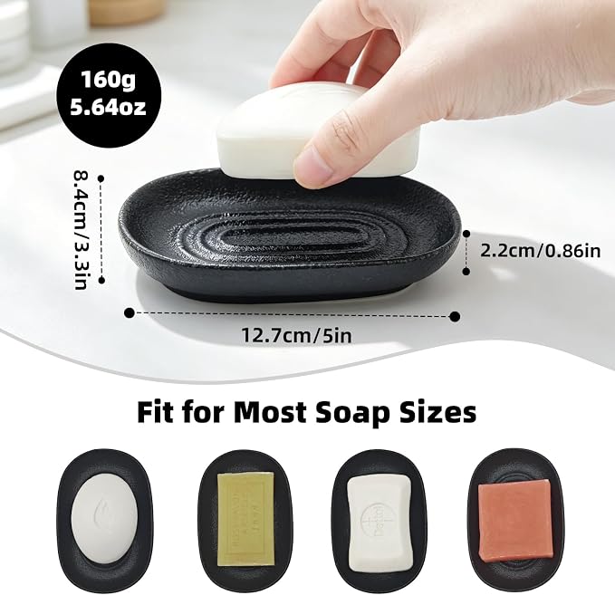 Ceramic Soap Dish for Bathroom & Kitchen Sink- Black Matte Textured Finish Bar Soap Holder for Shower - Easy to Clean Small Simple Oval Soap Dishes Holders for Bar Soaps, Sponges, Jewelry