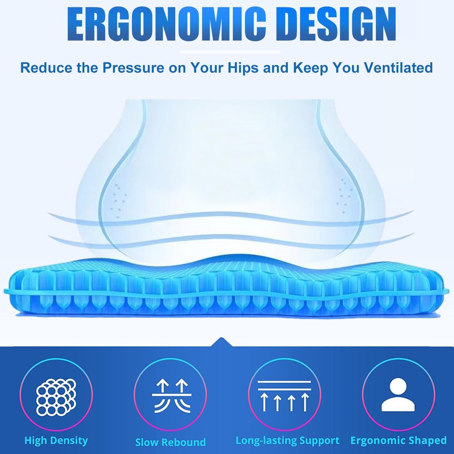 20" Gel Seat Cushion by [Brand Name] - Jumbo Thick Pressure Relief for Back, Sciatica & Tailbone Pain - Non-Slip Design for Office, Home & Car