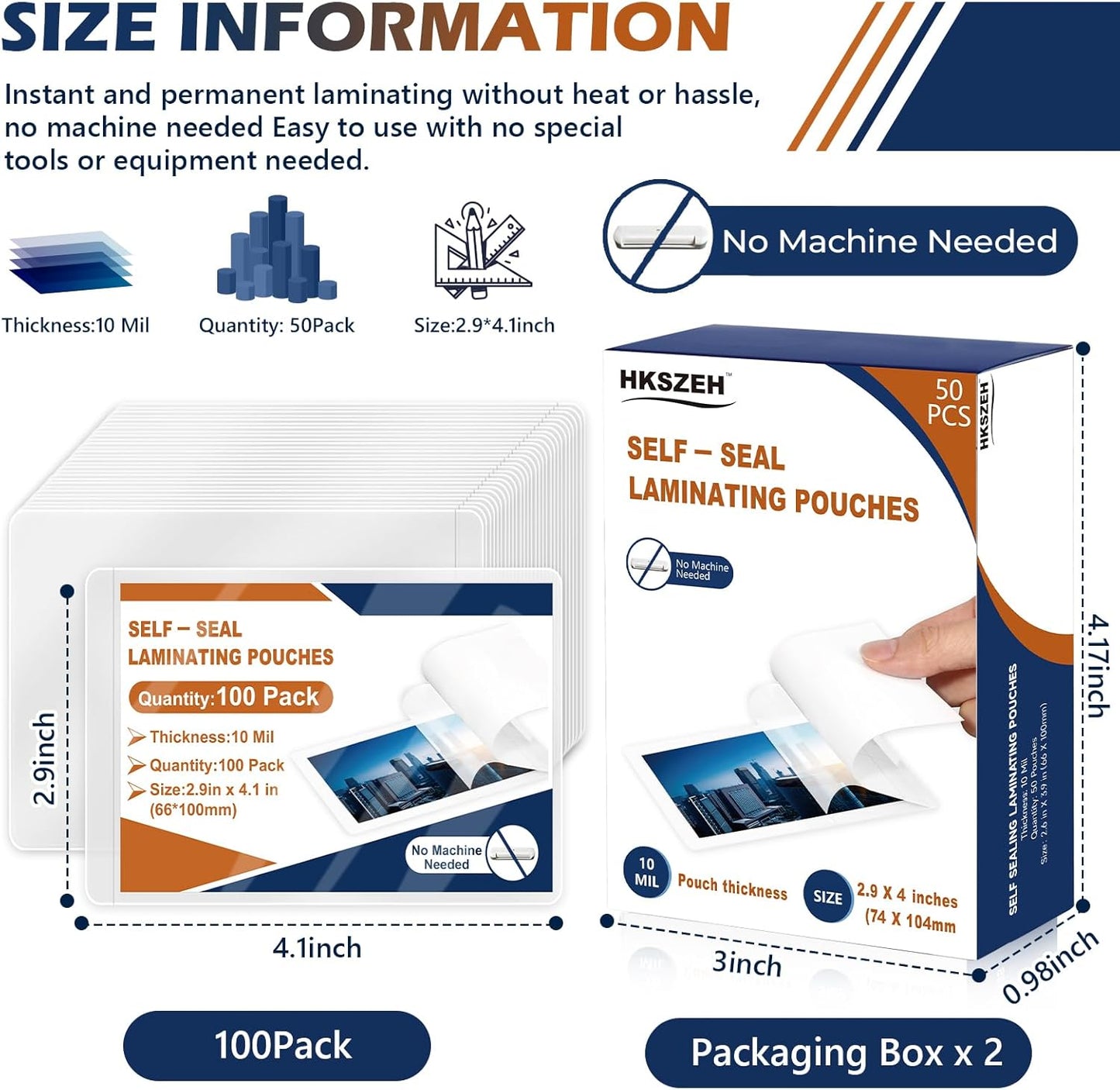 Skiennix Self-Sealing Laminating Pouches - 100 Pack, 10 Mil, 2.9"x4.1" for Business Cards | No Laminator Needed