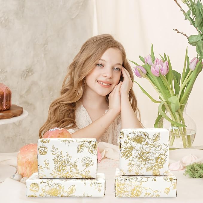 JarThenaAMCS Gold Foil Floral Wrapping Paper - Mini Roll - 17 Inch x 32.8 Ft Vintage Flower Gift Wrap Paper Decorative Art Paper for DIY Crafts Supplies