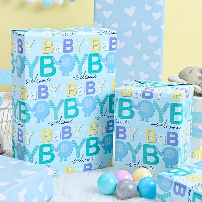 Burymento Reversible Baby Elephant Wrapping Paper Roll - Blue Wrapping Paper for Baby Shower, Boy's Birthday, Child - 17 "x 32.8 ft (47.23 sq ft)