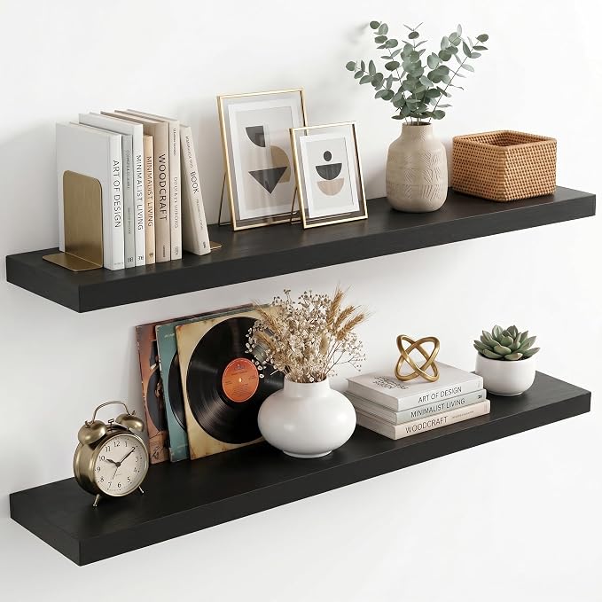 fuqing 40 Inch Floating Shelves | 6.7 Inch Deep Black Shelves for Wall Set of 2 | 40''W x 6.7''D x 1.4''H Black Wood Shelves for Living Room Bathroom Bedroom Kitchen Home Office