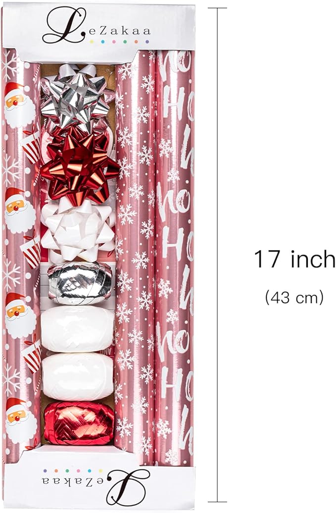 LeZakaa Christmas Wrapping Paper Bundle - Mini Roll with Bow, Ribbon, Sticker and Gift Tag - Pink Metallic Foil Design with Snowflakes/Santa Claus/HO Print -17 x 120 inches -3 Rolls(42.5 sq.ft.ttl.)