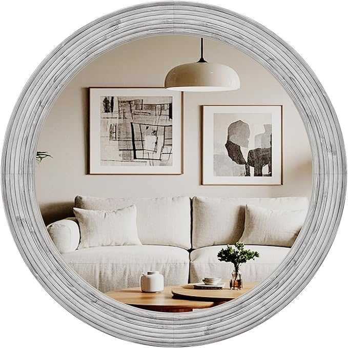 ULIKE Round Mirror for Bathroom 24x 24 Inch, Farmhouse Rustic Wood Frame Wall Mirror, White Vanity Circle Mirror for Bedroom Living Room Entryway Decor