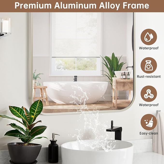 Brushed Nickel Mirror, 22"x30" Rectangle Bathroom Mirror, Metal Frame Rectangle Corner Vanity Mirror, Wall Mounted Mirror for Modern, Living Room, Bedroom, Horizontal Or Vertical