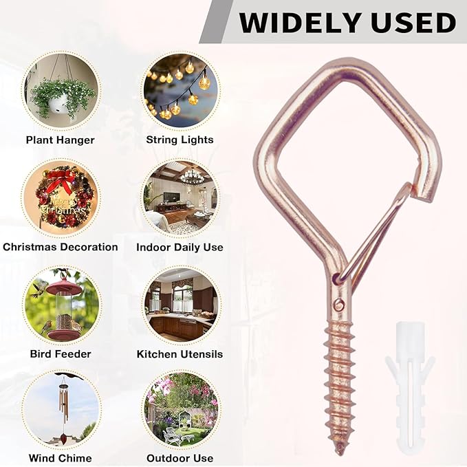 Sexoeie 100 PCS Rose Gold Eye Screw Hooks for Hanging Heavy Duty with Safety Buckle.Metal Ceiling Hooks for Hanging Plants Cup Wind Chime Bird Feeders Patio Lights at Indoor&Outdoor