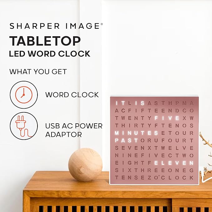 Sharper Image LED Word Digital Clock, 7.75", Rose Gold Finish, Light-Up Desk & Wall Clock, Modern Time Display, Shelf or Wall Decor for Home Office, Living Room, Kitchen & Bedroom, Housewarming Gift