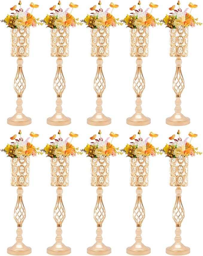 Crystal Wedding Flower Stand, 10pcs 24" Tall Metal Wedding Centerpiece Vase with Eva Pad, Gold Flower Holder Flower Vase Display Rack Centerpiece Decor for Outdoor Wedding Holiday Special Events Etc
