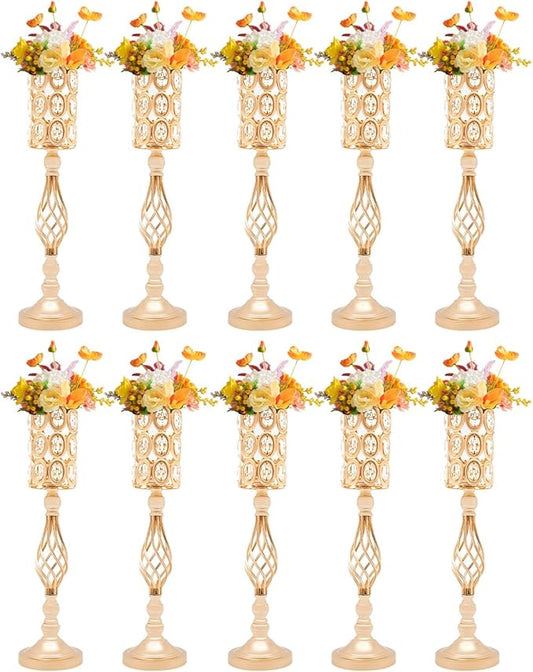 Crystal Wedding Flower Stand, 10pcs 24" Tall Metal Wedding Centerpiece Vase with Eva Pad, Gold Flower Holder Flower Vase Display Rack Centerpiece Decor for Outdoor Wedding Holiday Special Events Etc