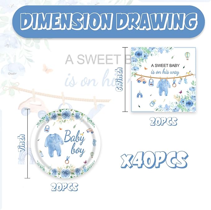 Blue Baby Shower Decorations Blue and White Paper Plates and Napkins Set Party Supplies for Gender Reveal Table Decor 40Pcs Baby Boy Shower Decorations
