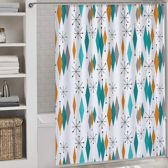 Mid Century Modern Shower Curtain,Abstract Atomic Starburst Geometric Diamond Pattern Shower Curtains Set for Bathroom Fabric Decorative Bath Curtain Washable Curtain Hooks, 72x72”