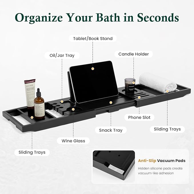 Bamboo Bathtub Tray Caddy - Splash-Proof Adjustable (28.5-40") with Wine Holder, Tablet Stand & Non-Slip Grip | Spa-Grade Organizer for Bath Essentials & Reading- Black