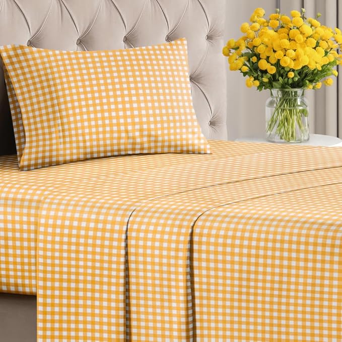 Yellow Gingham Sheets - 1 Flat & 1 Fitted Sheet & 1 Pillowcase w/ Deep Pockets - Grid, Plaid, Checkered Pattern Bed Set - Comfy, Wrinkle & Fade Resistant - Ultra-Soft, Breathable & Cooling -Twin Size