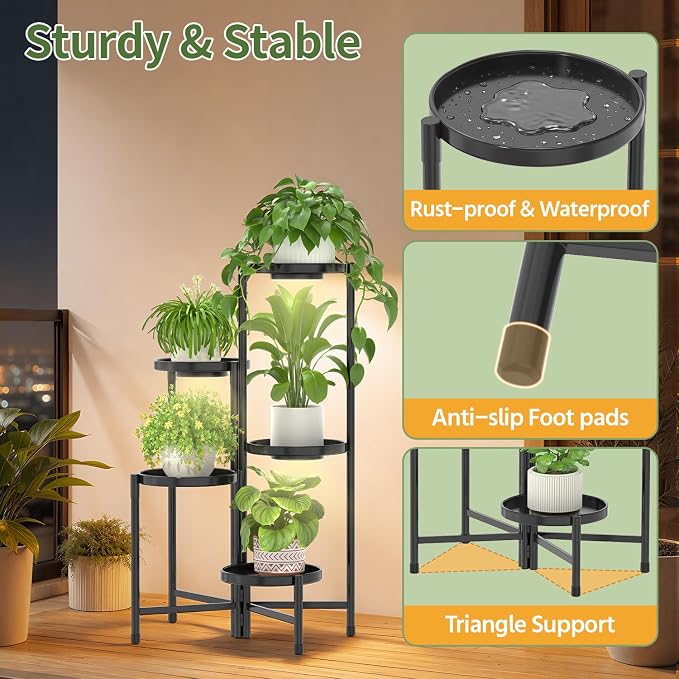 LASZOLA 5 Tier Large Plant Stand Indoor Tall with Grow Lights, Corner Folding Flower Display Rack with 10 Inch Metal Tray, Modern Plant Holder Shelf for Outdoor Patio Porch Garden Living Room, Black