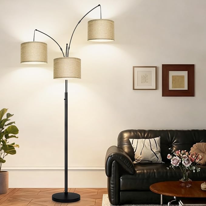 Nintiue Dimmable Floor Lamp, 3-Light Black Tree Floor Lamp with Champagne Linen Shades, Mid Century Modern Standing Lamp with Heavy Base, 3 LED Bulbs Included for Living Room Bedroom Office