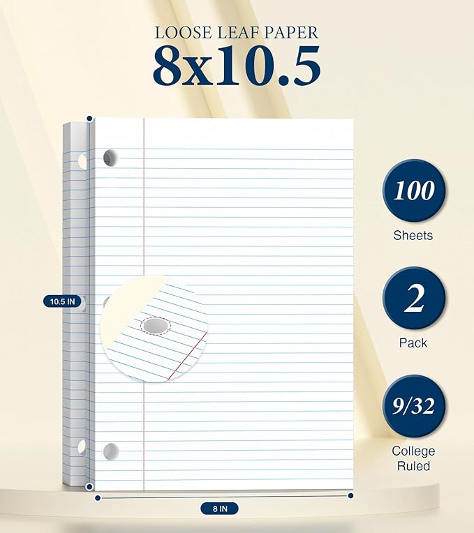 PINJINGPRO Loose Leaf Paper, Notebook Paper, 8 x 10.5 College Ruled Paper, 3 Hole Punch Binder Paper, Lined Paper for 3 Ring Binders, College Ruled Paper, 100 Sheets/Pack Filler Paper (2 Pack)