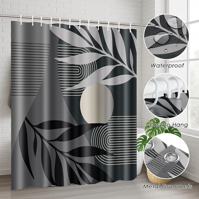 Boho Black and Grey Shower Curtain Set with Toilet Lid Cover and Non-Slip Rugs, Mid Century Modern Abstract Minimalist Leaves Neutral 4 Pcs Shower Curtain for Bathroom Set with 12 Hooks