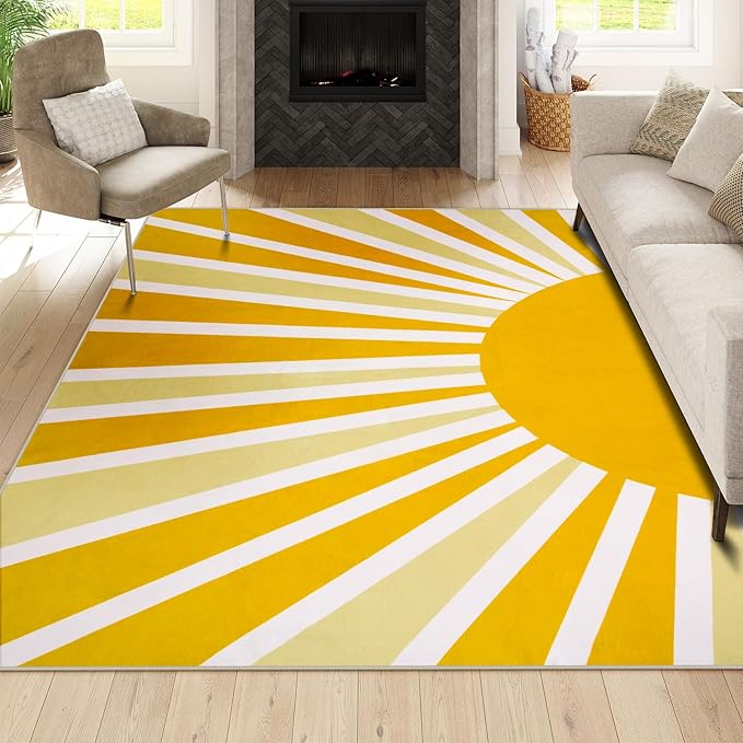 Lahome Yellow Rainbow Sun Area Rug: 5'x7' Ultra-Thin Machine Washable & Non-Slip with Cute Boho Print for Nursery, Bedroom, Living Room, Classroom & Dorm