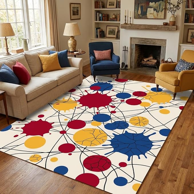 5x7 Modern Abstract Design Area Rugs for Living Room, Colorful Paint Splatter Washable, Non-Slip Soft Short Pile Carpet for Kids Room, Bedroom & Playroom