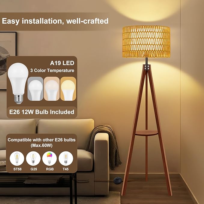 Boho Rattan Floor Lamp with Shelf & Bulb Included, Wicker Tripod Floor Lamp 3 Color Temperatures, Wood Rustic Tall Lamps with Foot Switch, Walnut Boho Standing Lamps for Living Room Bedroom