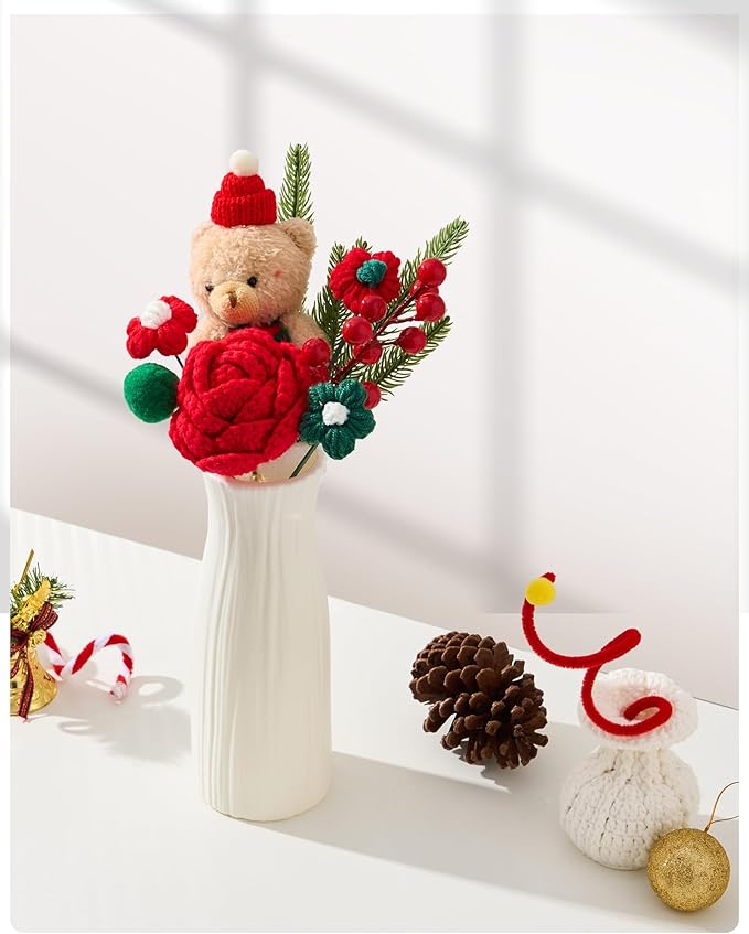 Christmas Crochet Flower Bouquet, Handmade Knitted Flowers with Rose Holly, for Lover Mother Women Family Friends, Lasting Holiday Home Decor