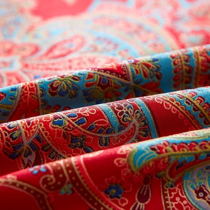 mixinni King Size Duvet Cover Set Paisley Light Blue Long Staple Cotton Percale Farmhouse Pattern Duvet Cover on Red Vintage Floral Bedding Comforter Cover with 2 Pillowcases Perfect for Him and Her