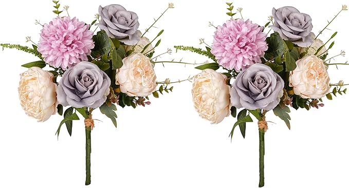 2Pcs Artificial Flower Bouquets Decoration, Faux Floral Arrangement Table Centerpiece Home Farmhouse Indoor Decor, Wedding Bride Bouquet, Mixed Fake Flower Picks for Vase/Pot (Blue/Purple/Cream/Green)