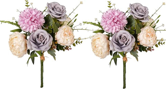 2Pcs Artificial Flower Bouquets Decoration, Faux Floral Arrangement Table Centerpiece Home Farmhouse Indoor Decor, Wedding Bride Bouquet, Mixed Fake Flower Picks for Vase/Pot (Blue/Purple/Cream/Green)