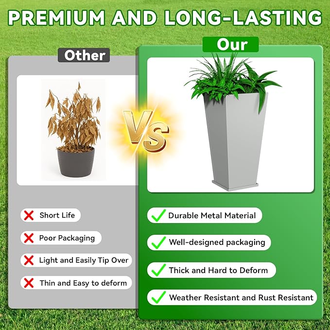 Metal Planter 2 Pack, 15L x 15W x 30H, Heavy Duty Tall Planters for Outdoor Plants, Planters with Removable Insert Shelf, Large Planters with Drainage Holes for Porch, Patio, Grey