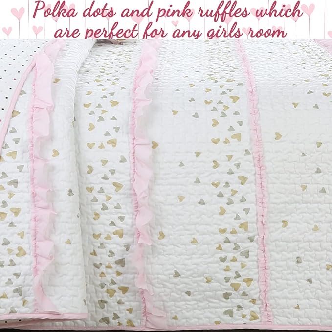 Cozy Line Home Fashions Pink Ruffle Gold Hearts Girl 100% Cotton Reversible All-Season Coverlet, Bedspread, Quilt Bedding Set (Sparkling Hearts, Twin - 4 Piece: 1 Quilt + 1 Sham + 2 Decor Pillows)