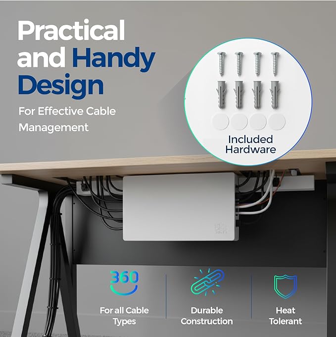 Kos Design Cable Management Box with Included Mounting Hardware – ABS Cord Organizer (12,7 x 7,8 x 4,5 in) | Heat-Tolerant Power Strip & Cable Storage | Wall-Mountable or Floor Use