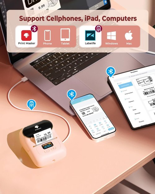 Phomemo Label Printer M110 - Portable Bluetooth Address Label Maker | No Ink, 100 Labels, Baby Pink