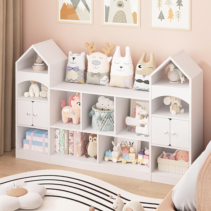 Castle Shape Children's Bookshelf, Kids Bookcase Display Case Kids Toy Storage Organizer Multifunctional Storage Cabinet Bookshelf Suitable for Playroom, Children's Room, Living Room, White