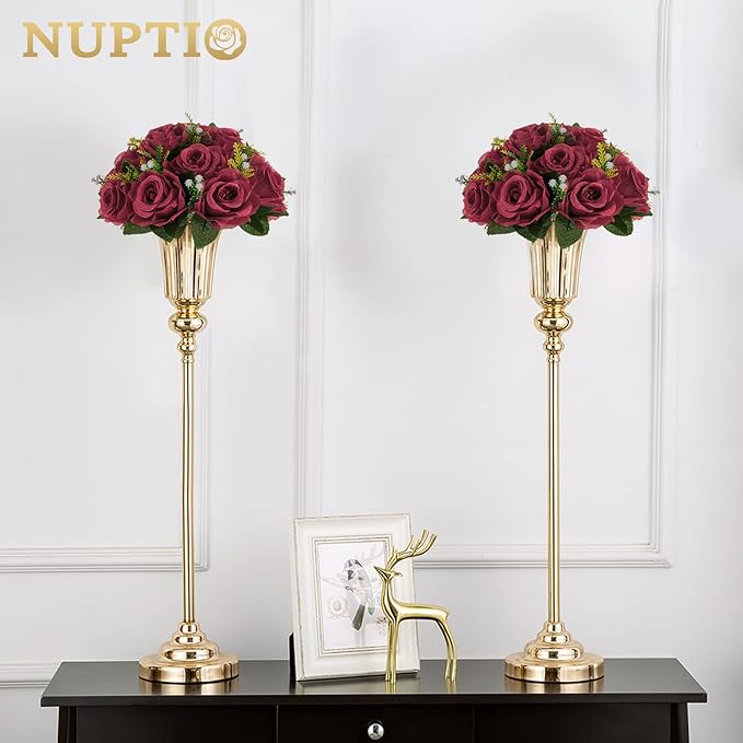 NUPTIO Flower Ball Arrangement Bouquet - 6 Pcs 9.5 inch Diameter Burgundy Fake Flowers Roses Balls for Centerpieces Tables - Artificial Rose Arrangements for Wedding Centerpiece Table Decorations