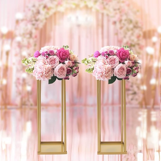 2PC 23.6" Flower Stand for Wedding Metal Cylinder Stands for Party Rectangular Gold Centerpieces Flower Vase Gold Pedestal Columns for Weddings Indoor Outdoor Flower Plant Stand Decoration