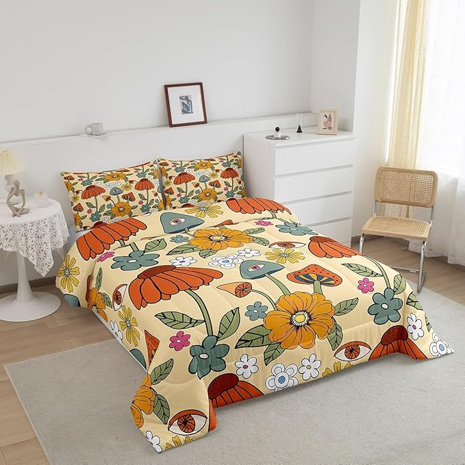 Castle Fairy Retro Flowers Bedding Comforters Queen Size,70s Floral Mushroom Comforter Set with 2 Pillowcases,Art Hippie Plant Eye Print 3pcs Children Adult Duvet Set,Soft