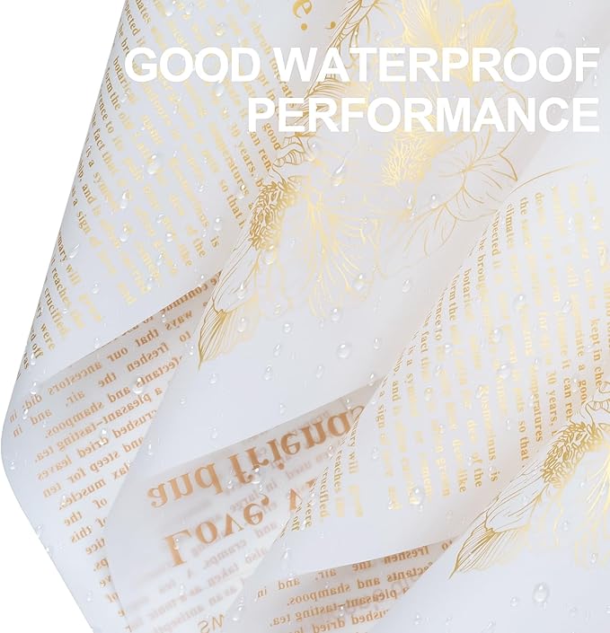 WRAPAHOLIC 20 Sheets Flower Wrapping Paper - 22 x 22 inch Retro Gold Foil Lettering Water-Resistant Floral Bouquet Wrapping Paper, Florist Supplies Packaging Paper for Wedding Birthday Gift DIY