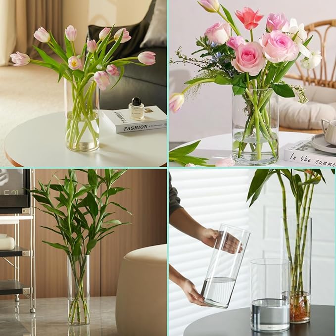 3 Pcs Acrylic Clear Cylinder Flower Vase for Plants Bouquet, Unbreakable Hurricane Tall Large Plastic Vases for Wedding Centerpieces, Hydroponic Decor Base Set of 3 (H 8" + H 10" + H 12" No Flowers)