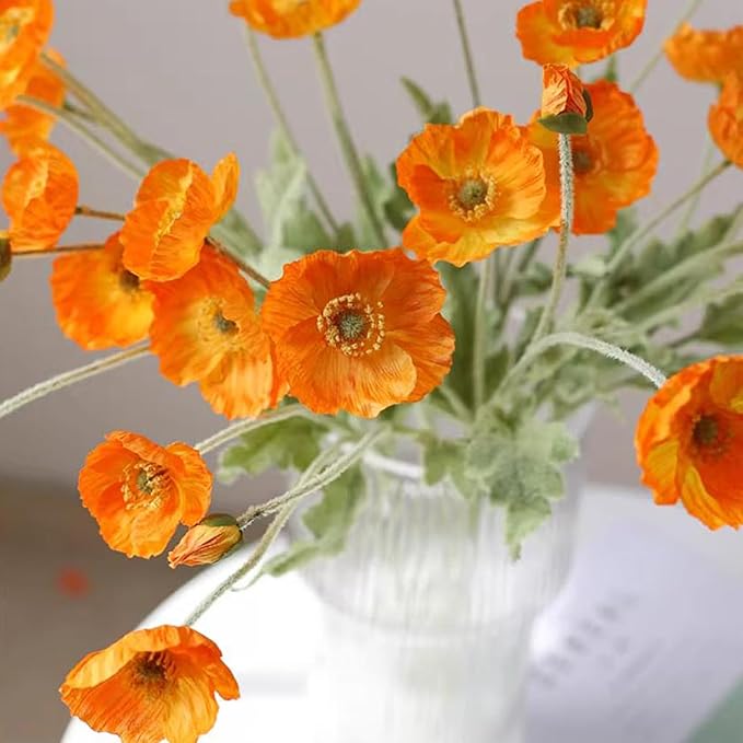 Artificial Flowers 6 Stems Poppy Silk Bouquet,for Wedding, Home, Party Decoration,Table Centerpiece Arrangement(Orange)