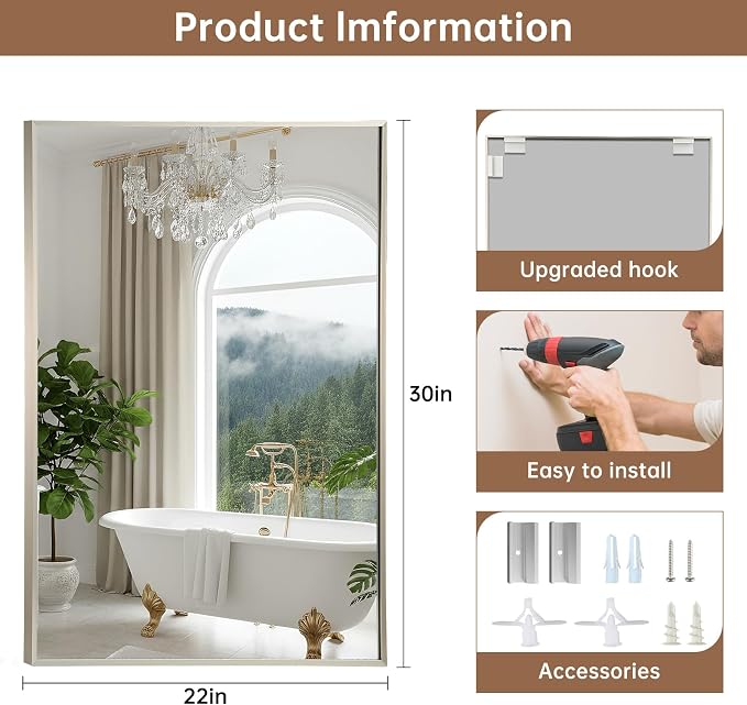Brushed Nickel Bathroom Mirror, 24"x36" Rectangle Mirror, Brushed Mirror, Metal Frame Square Corner Vanity Mirror, Wall Mounted Mirror for Modern, Living Room, Bedroom, Horizontal Or Vertical
