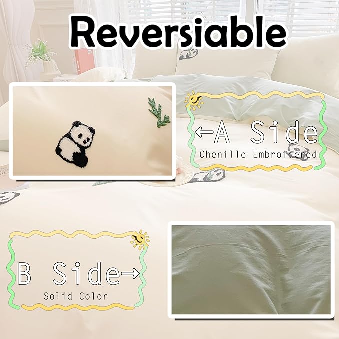 MorroMorn Twin Duvet Cover Cotton, Green 3D Embroidery Twin Bedding Sets, Cute Chenille Embroidered Comforter Covers Summer Blanket Soft for Girls Boys Kids Teen Preppy Dorm (Panda, Twin/Twin XL)