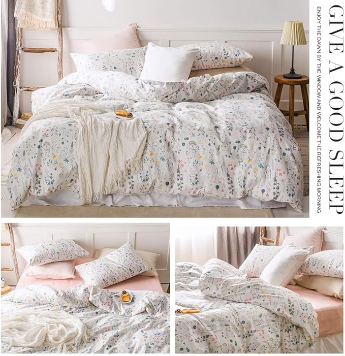 HighBuy Floral Duvet Cover King 100% Cotton Bedding Set King Girls Cottagecore Bedding 3 Piece Comforter Cover King Ultra Soft Garden Floral Duvet Cover King with Zipper Closure,4 Corner Ties