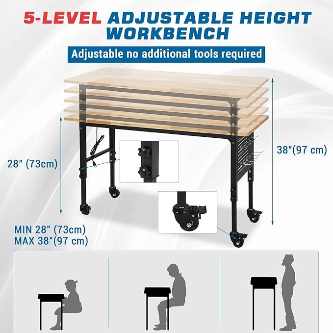 TrailBlaze 60"x24" Workbench, Heavy Duty Rubber Wood Top Workbench with Pegboard Hooks & Power Outlet & 4 Lockable Wheels, Adjustable Height Work Table for Home Garage Workshop - 2000lbs Load Capacity