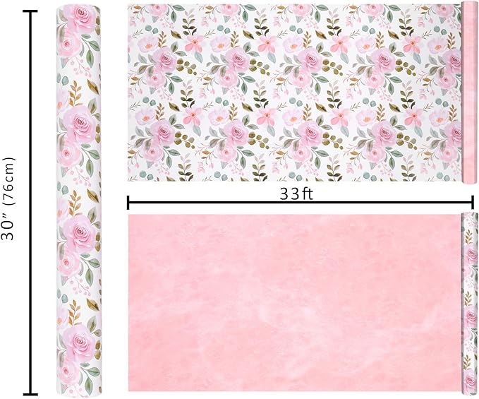 BIOBROWN Reversible Floral Wrapping Paper Roll - 30 Inches X 33 Feet (82.5 sq. ft. ttl.) Pink Watercolor Roses Design Flower Gift Wrap for Wedding, Bridal Shower, Mother's Day
