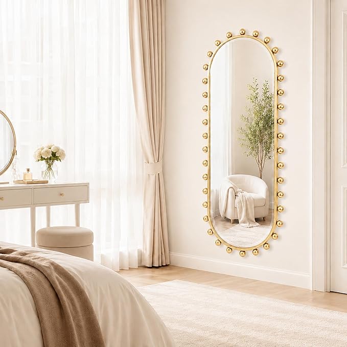 Oval Full-Length Wall Mounted Mirror 20" x 51", Antique Gold Beaded Beveled Mirror with Ball Frame, Vertical & Horizontal Hanging Wall Mirror for Bathroom, Bedroom, Dressing Room, Entryway