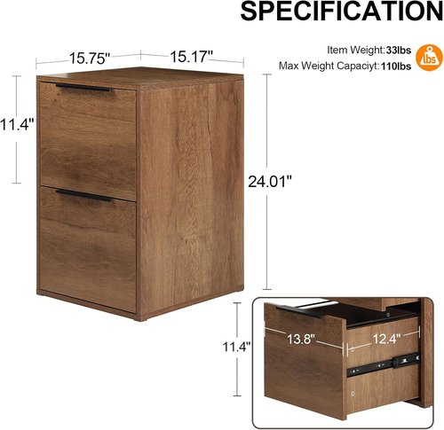 LUCYPAL 2-Drawer File Cabinet - Wood Design with Hanging Bars for Letter Size Files - Brown