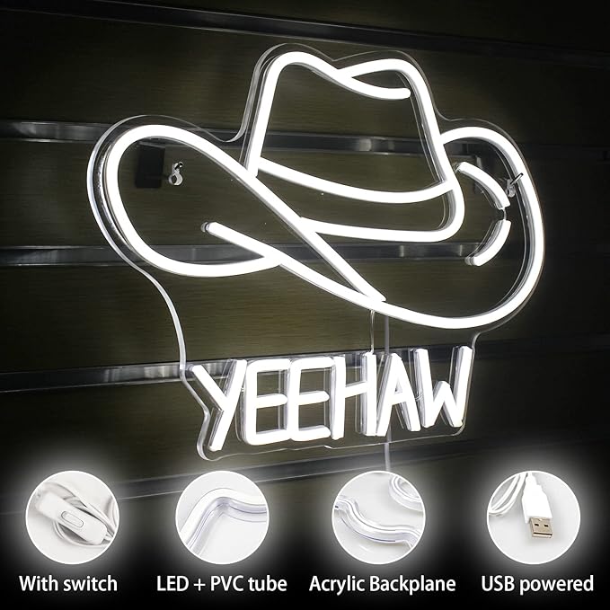 Cowboy Hat Neon Sign Cowboy LED Sign for Wall Decor USB Powered White Cowboy Hat Neon Light for Gameroom Bedroom Livingroom Bar Office Beer Bar 16.5 x11.4 inch